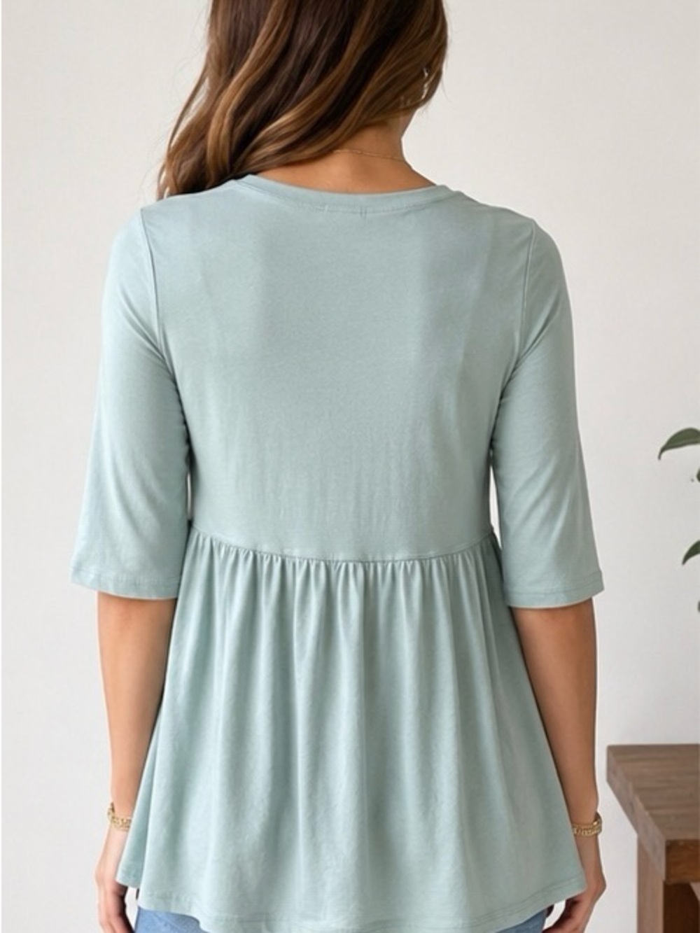 Zenana Babydoll Tunic Top Small Sage Blue Cotton Blend 3/4 Sleeve Boho - Picture 2 of 4